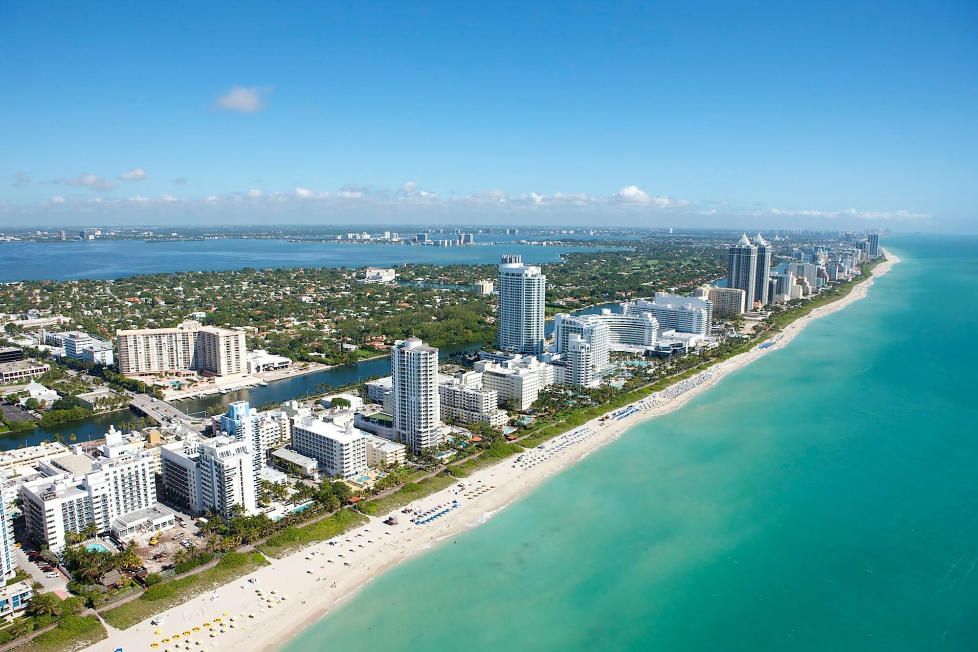Aerial view of Miami’s coastline and beachfront hotels