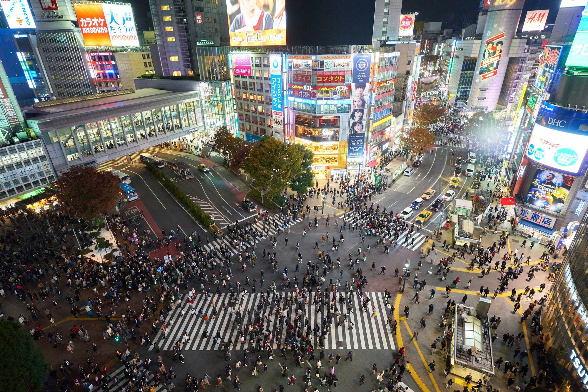 Shibuya Crossing filled with evening crowds and illuminated buildings