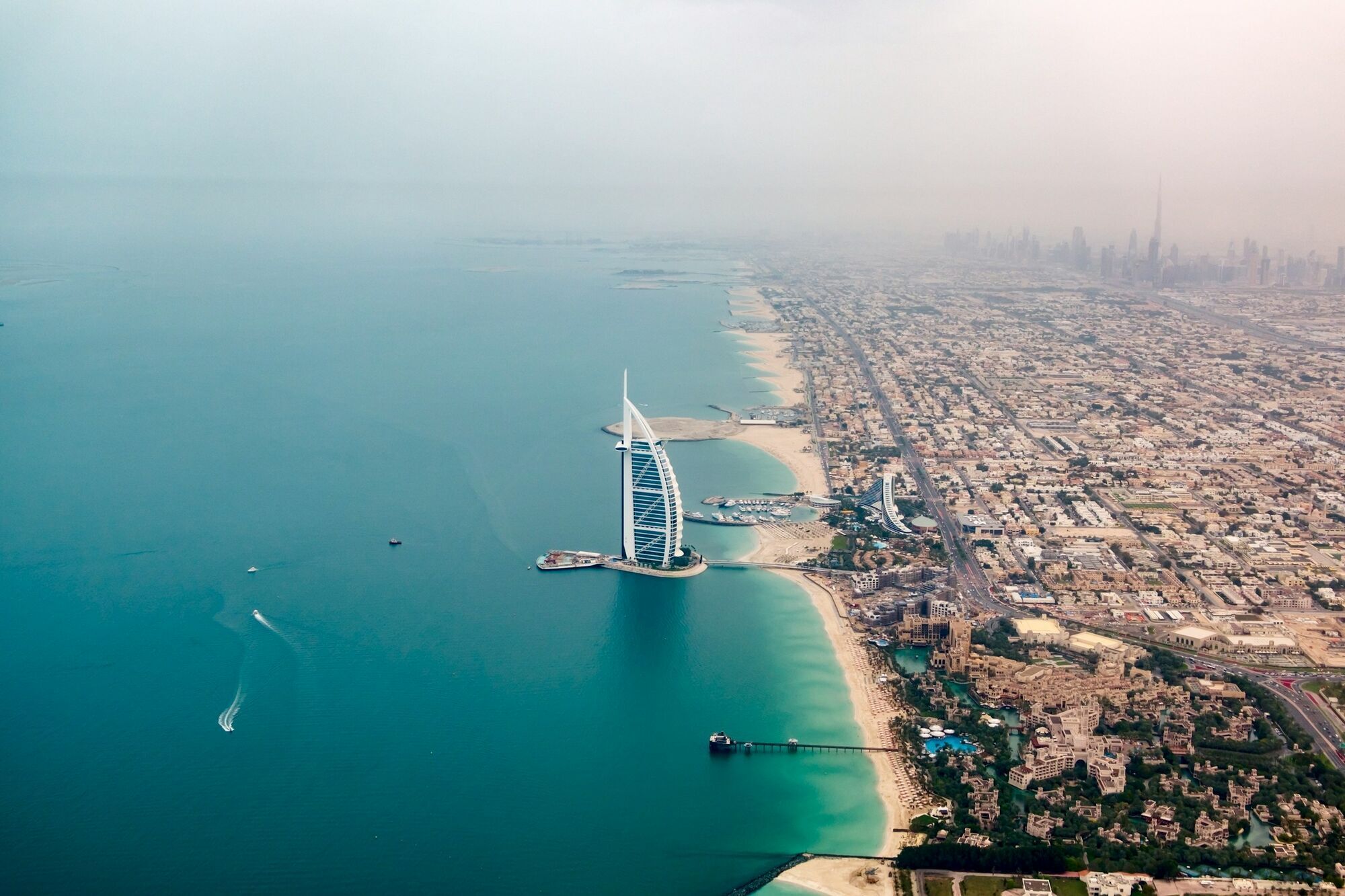 Aerial view of Dubai coastline and Burj Al Arab
