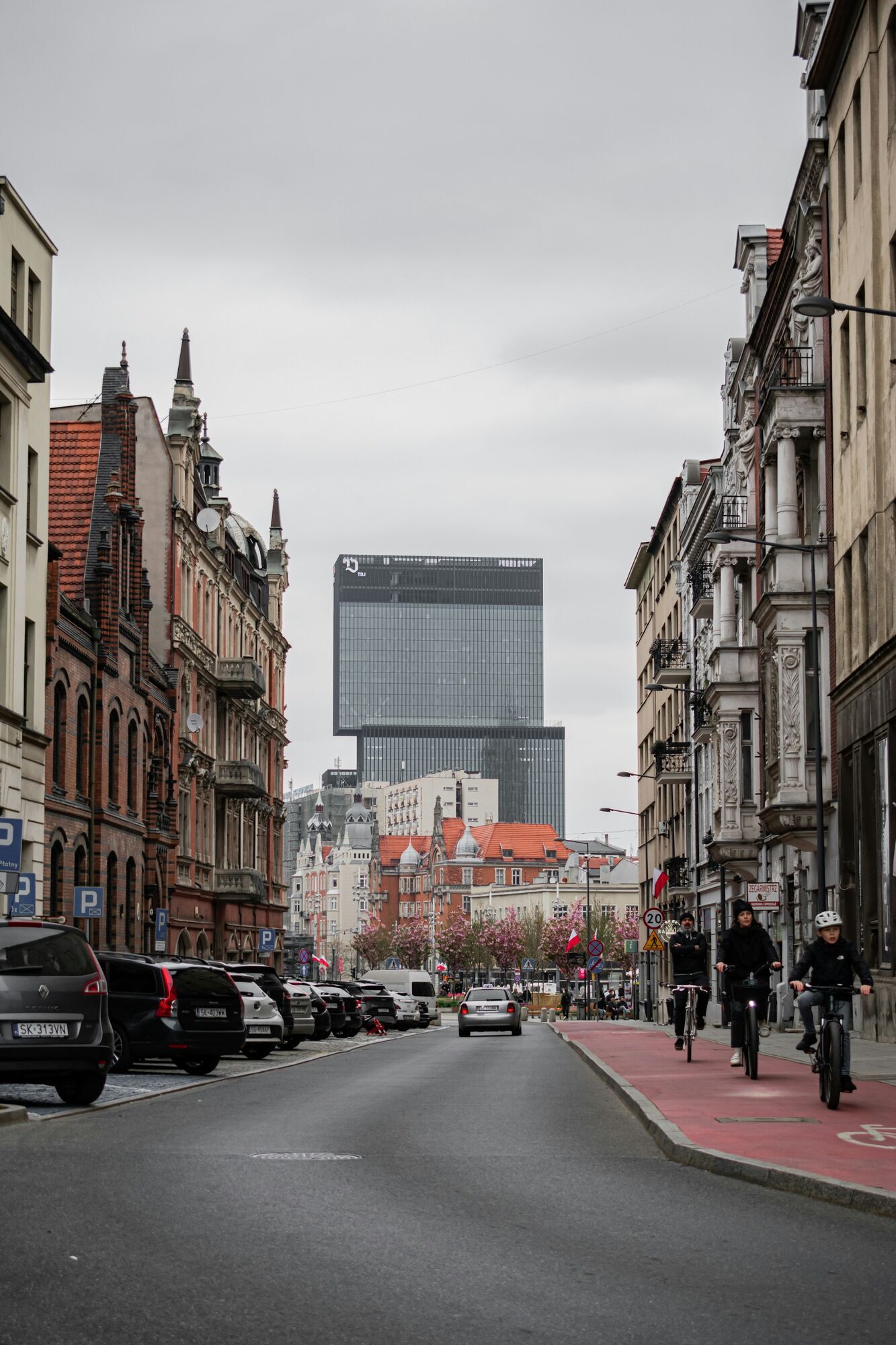 Street view of Katowice city centre with modern and historic buildings