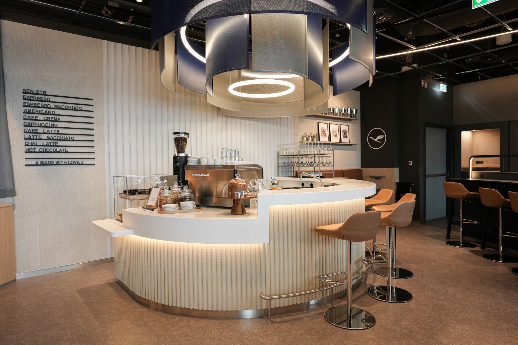 Barista coffee bar inside the renovated Lufthansa lounge