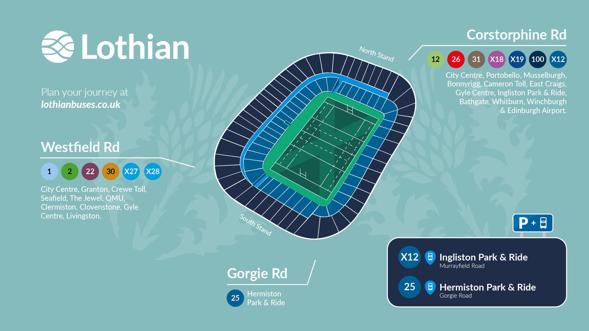 Map showing bus routes and park and ride access around Murrayfield