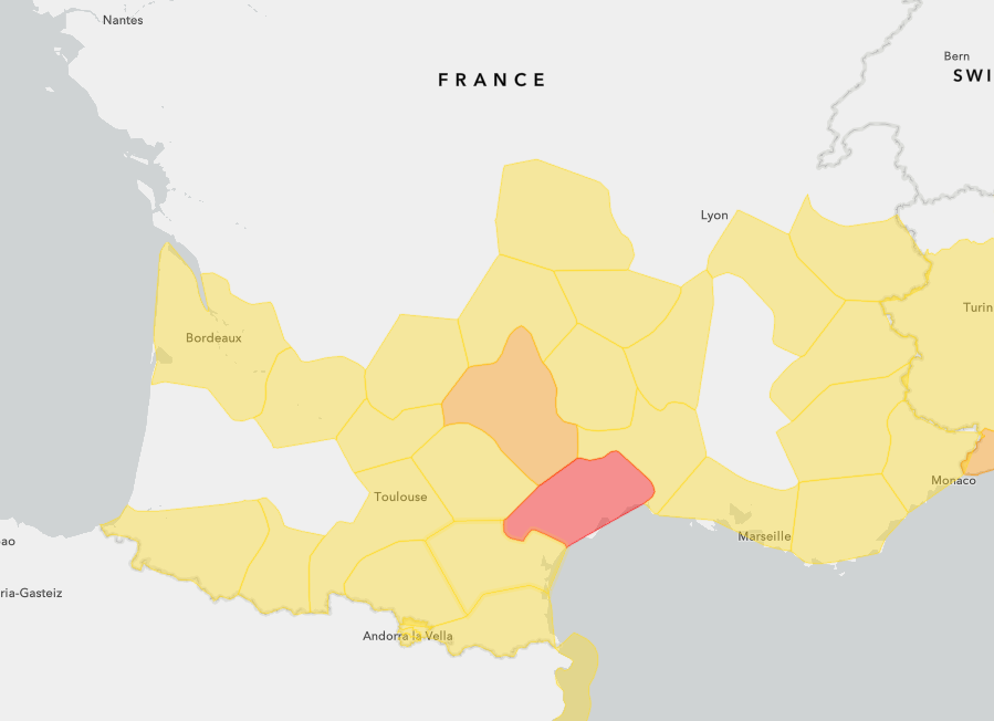 Weather warning map highlighting flood risk areas in southern France