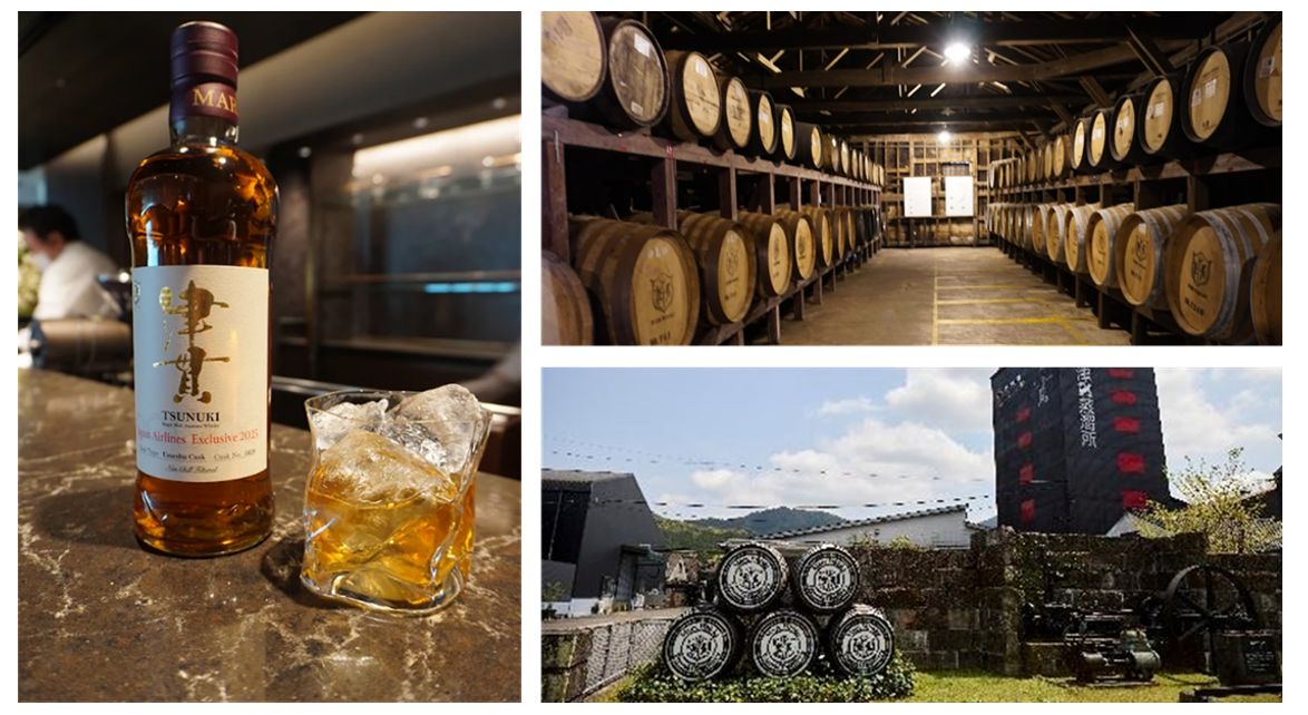 JAL-exclusive Tsunuki single malt whisky, ageing casks, and Mars Tsunuki Distillery in Kagoshima