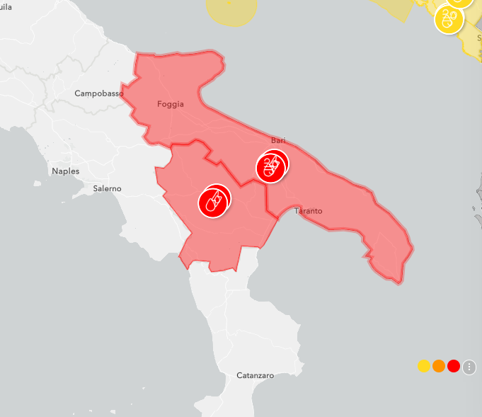 Red weather warnings across the Apulia region in southern Italy