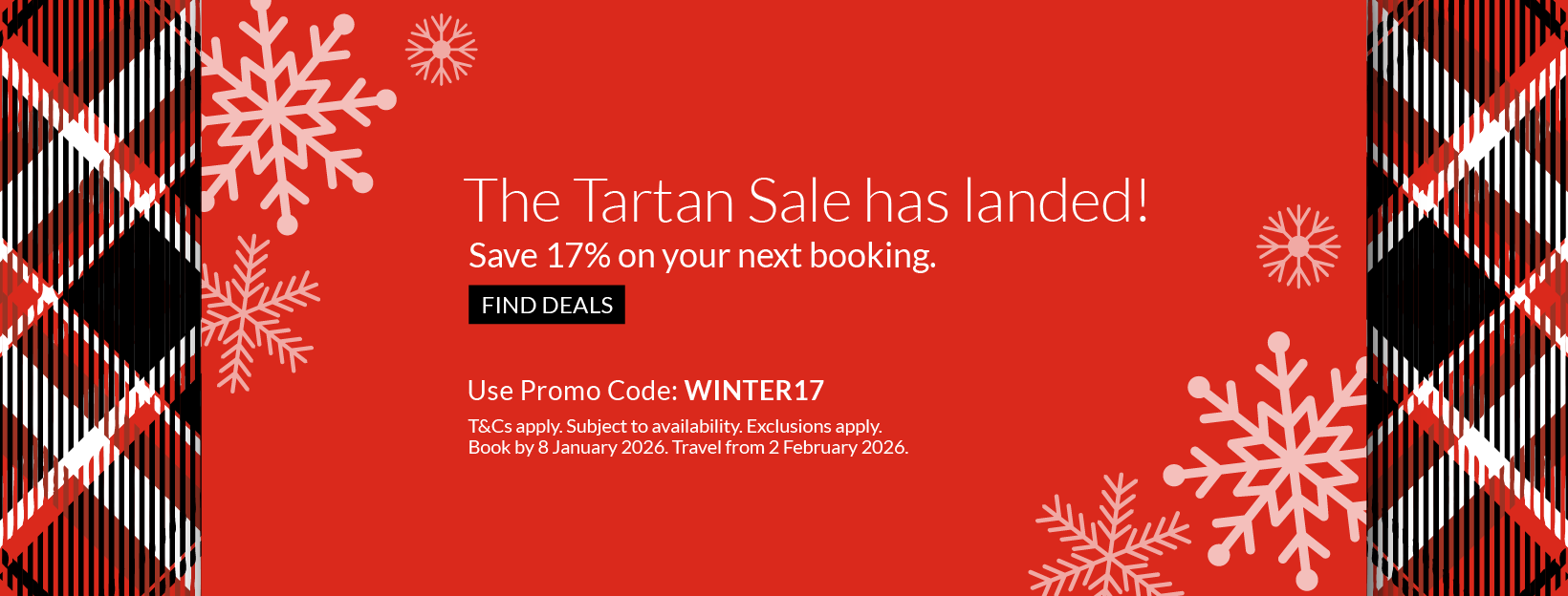 Loganair Tartan Sale promotion showing 17 percent winter fare discount.
