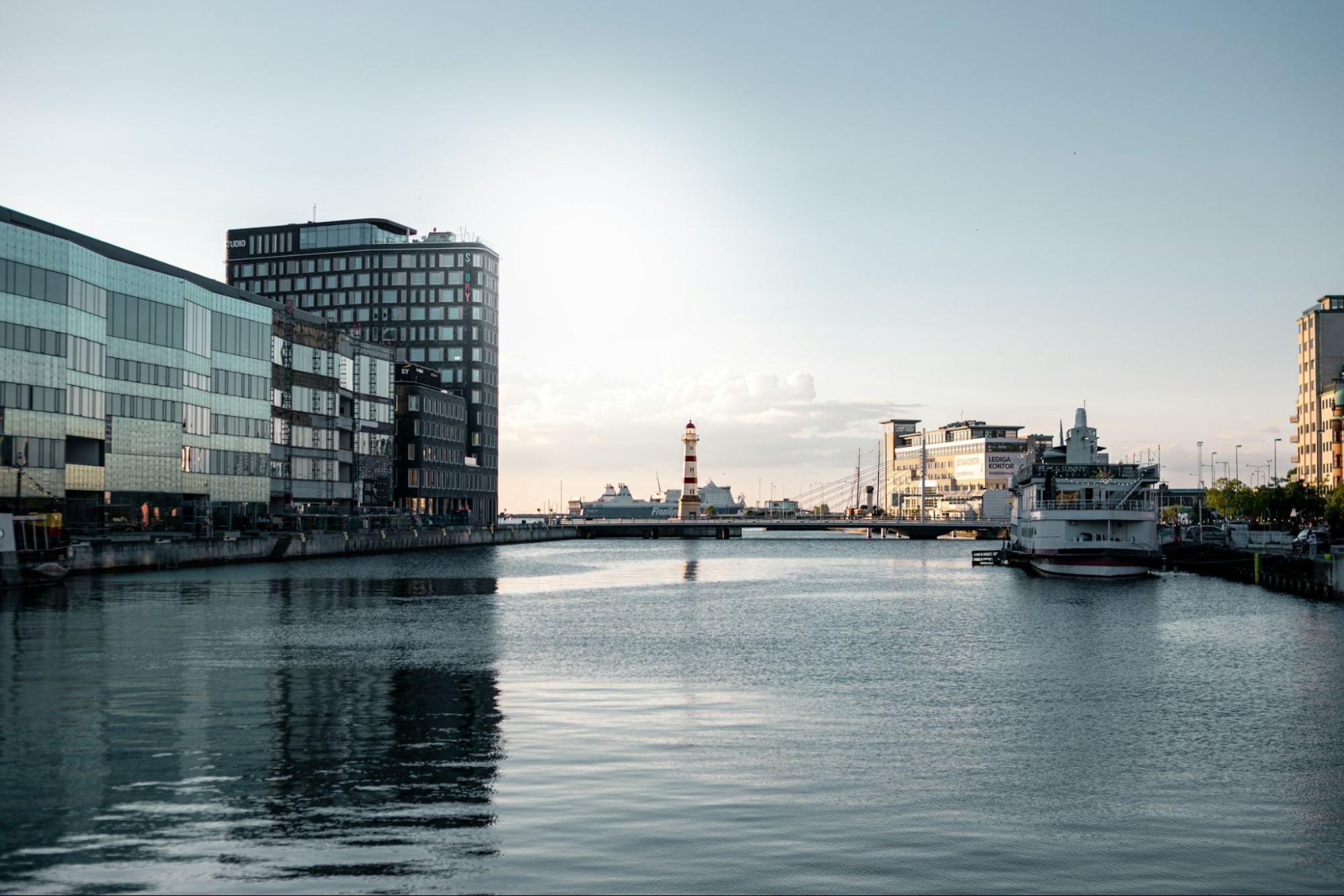 Waterfront view of Malmö with lighthouse and modern buildings