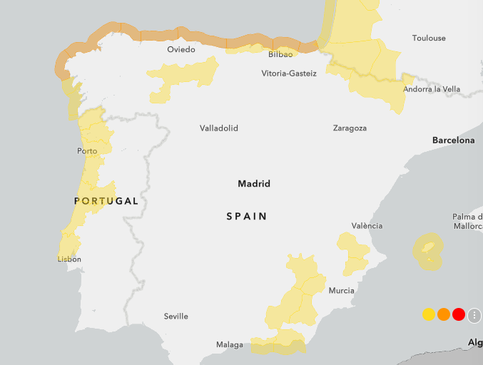 Weather warning map highlighting affected coastal regions of northern Spain