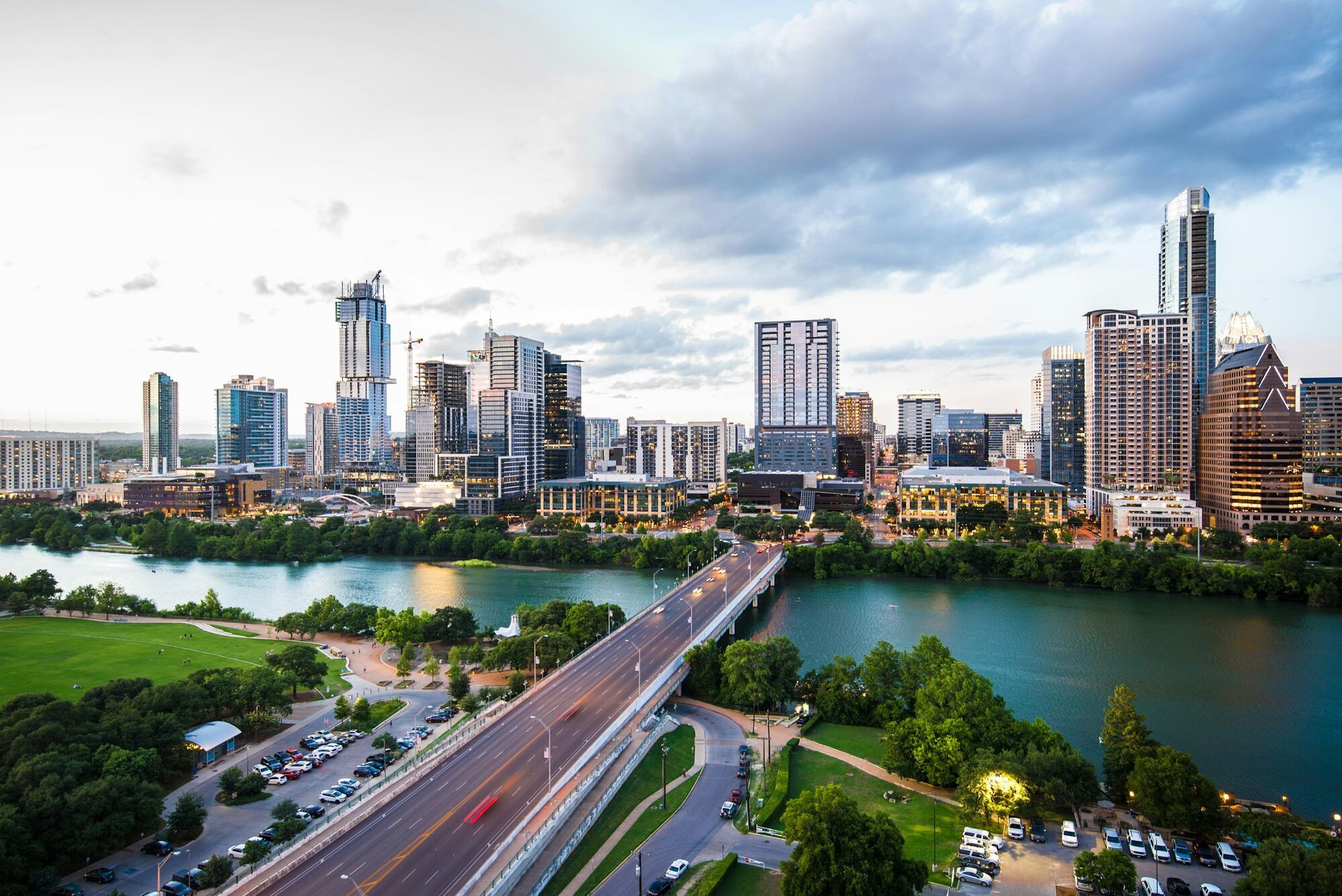 Austin skyline and riverfront at sunset