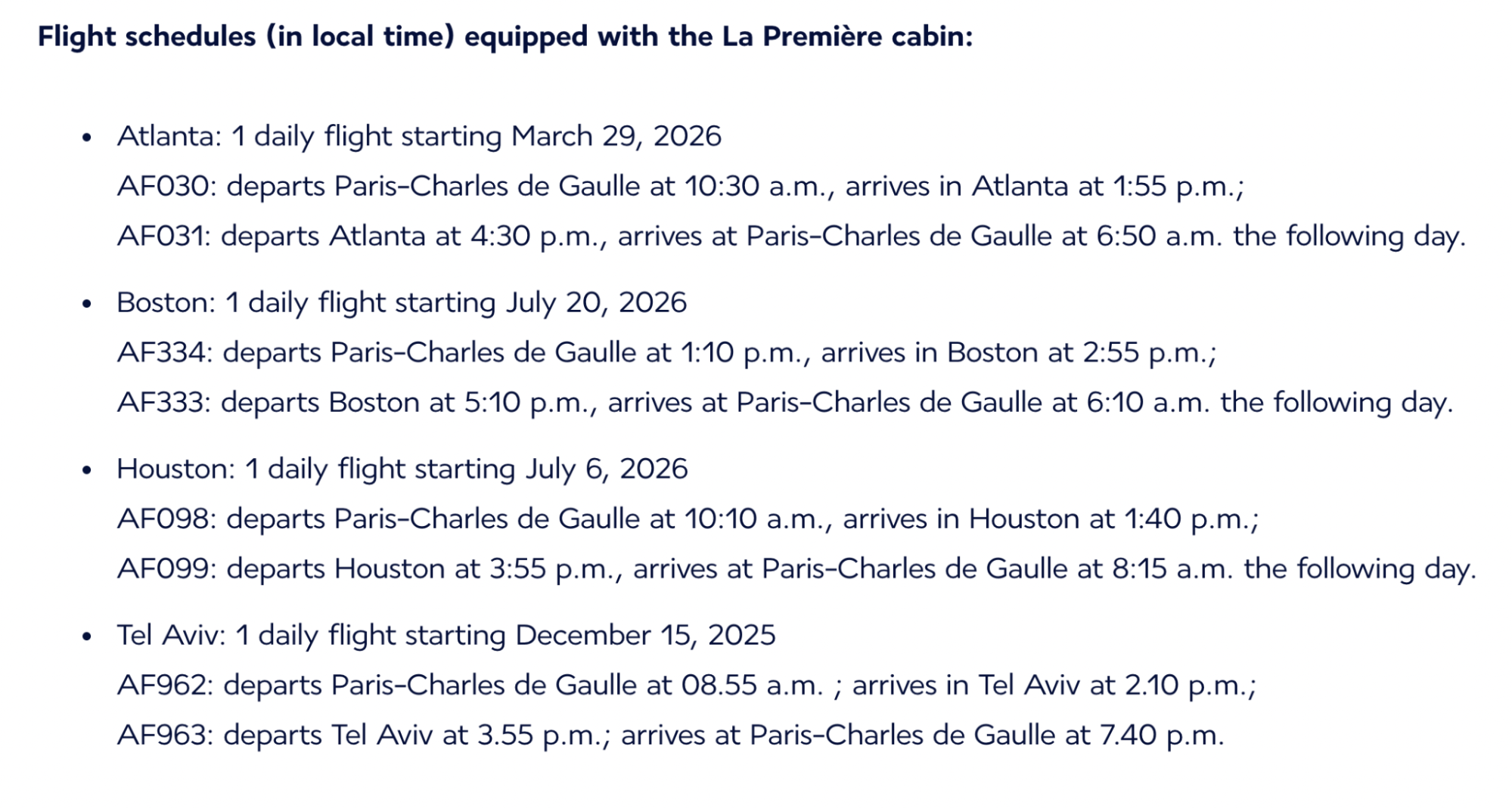 Flight schedule showing new daily La Première services to Atlanta, Boston, Houston and Tel Aviv