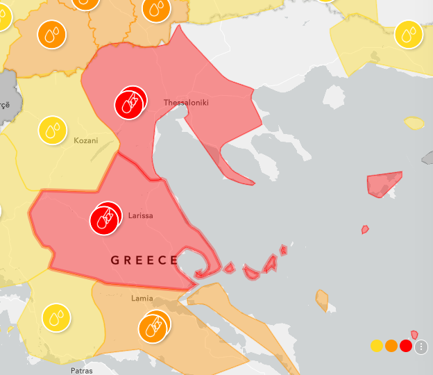 Red weather alert zones across Thessaly due to severe storms