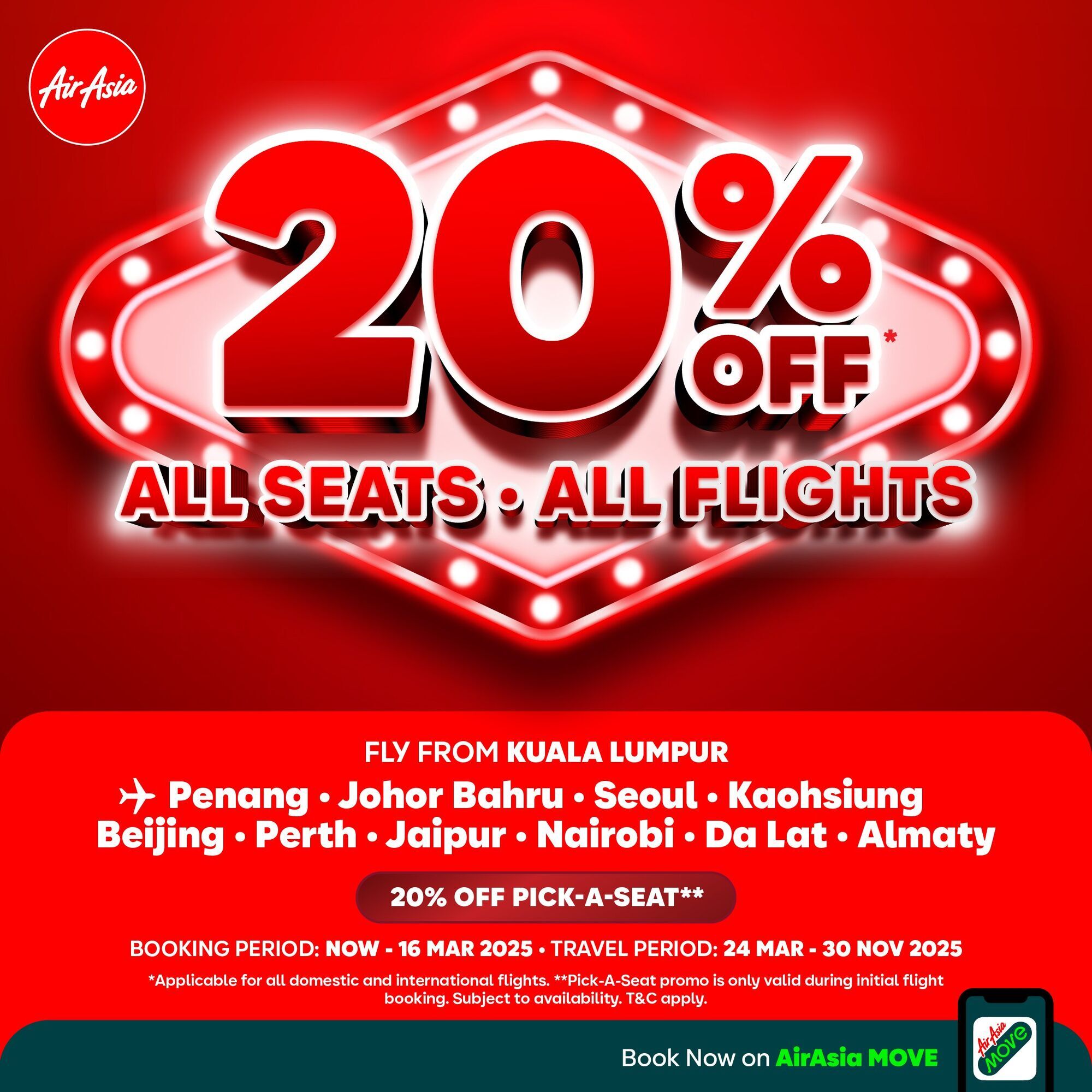 AirAsia promotional banner offering 20% off on all seats and flights for bookings from Kuala Lumpur