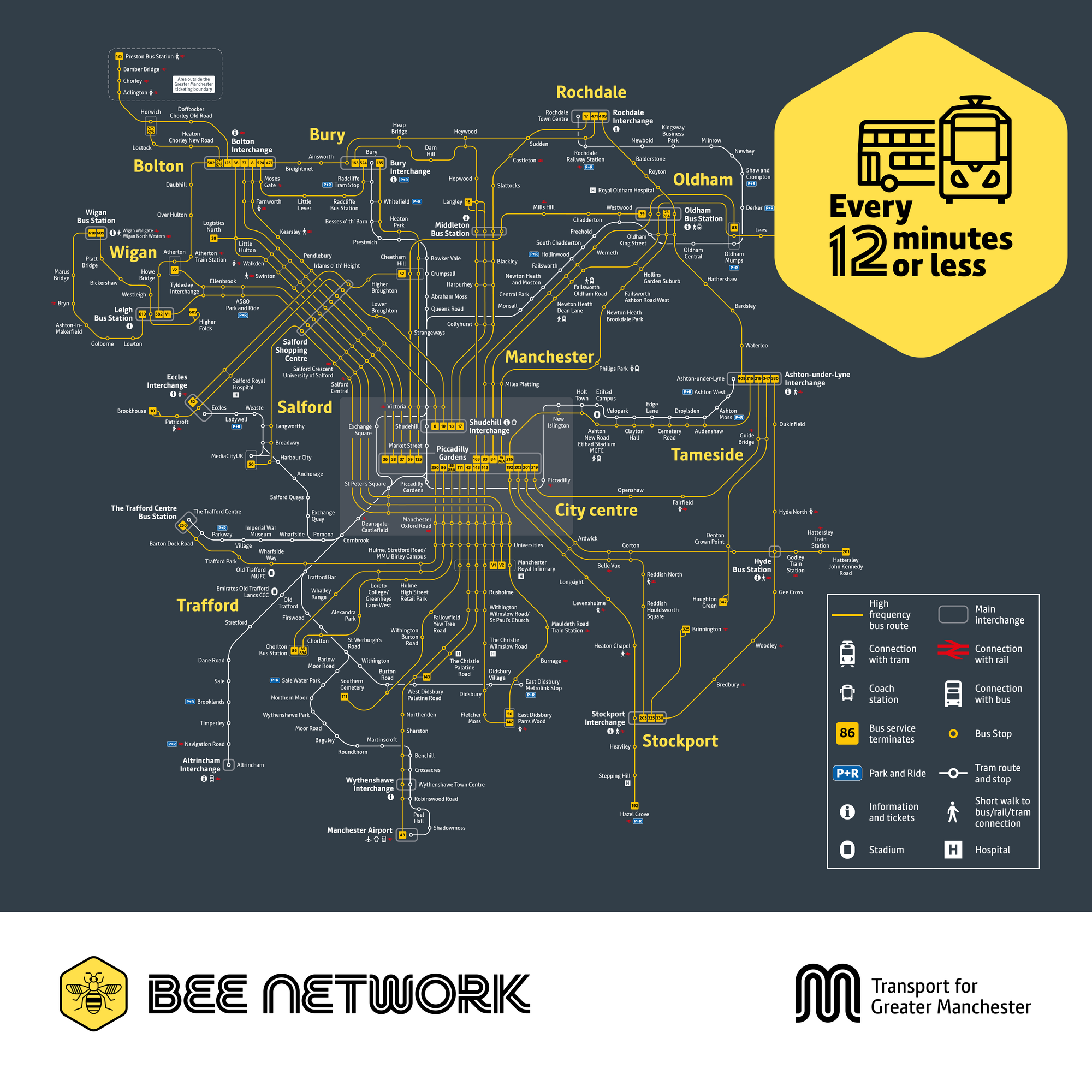 A detailed Bee Network map showing high-frequency bus and tram routes across Greater Manchester