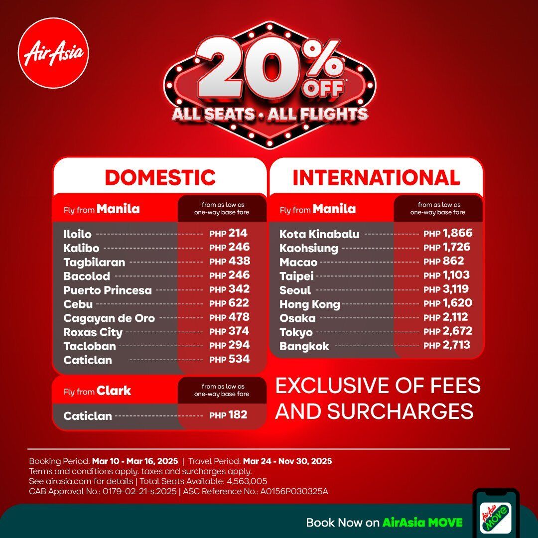 AirAsia promotional fare chart displaying discounted domestic and international flights for 2025