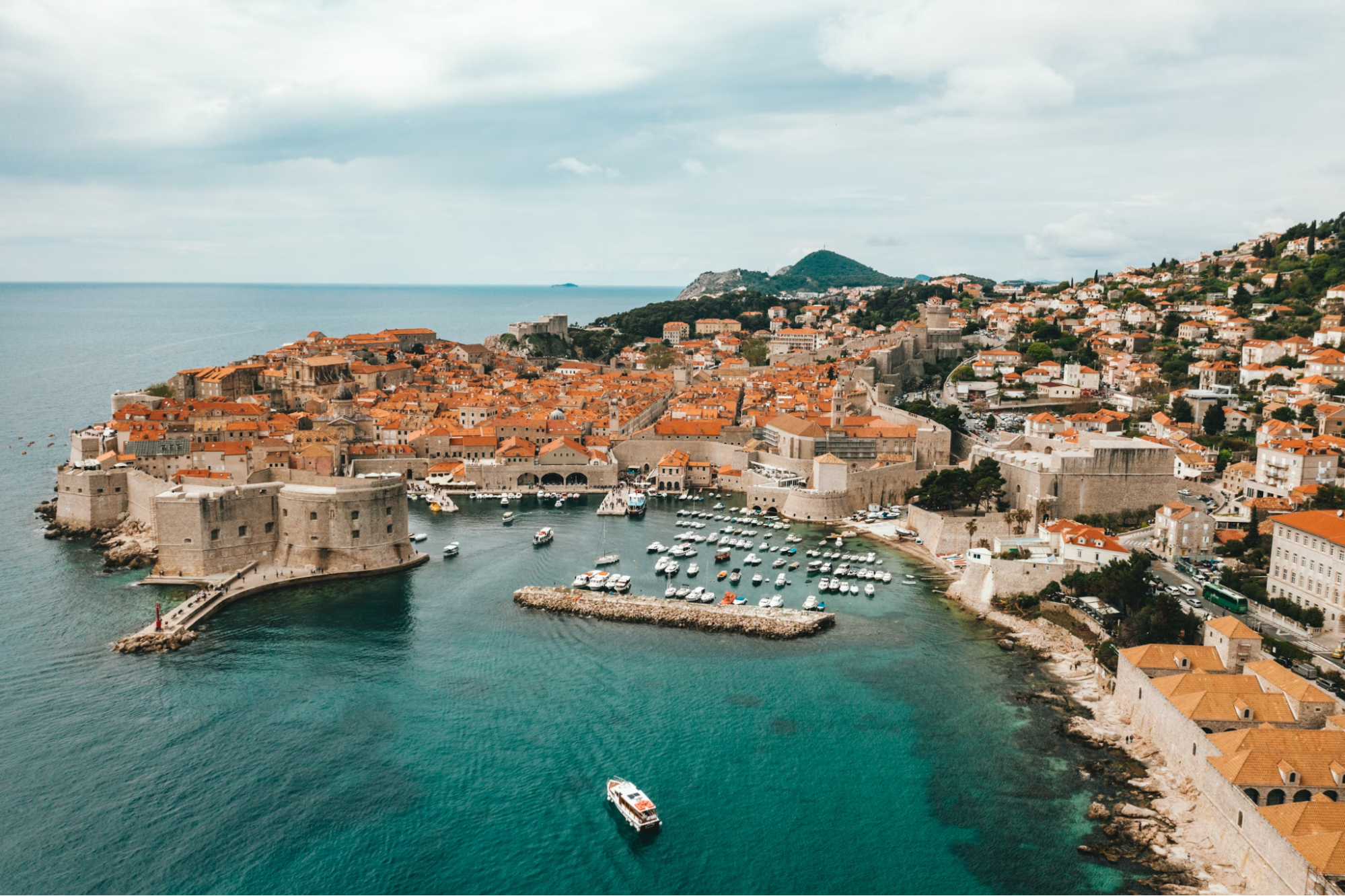 Aerial view of Dubrovnik old town and harbor in Croatia