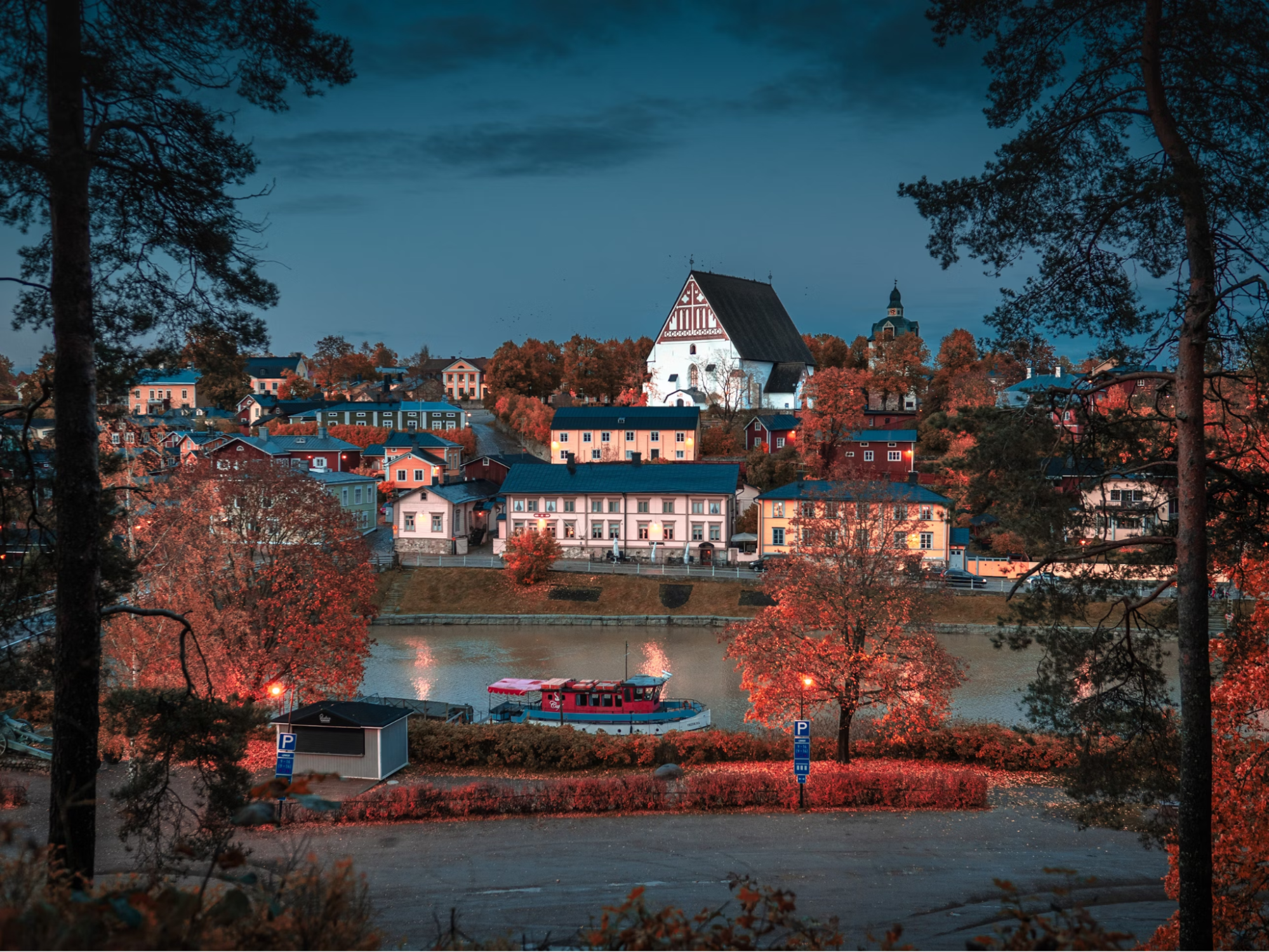 Scenic autumn view of Porvoo, Finland with colorful houses and a river