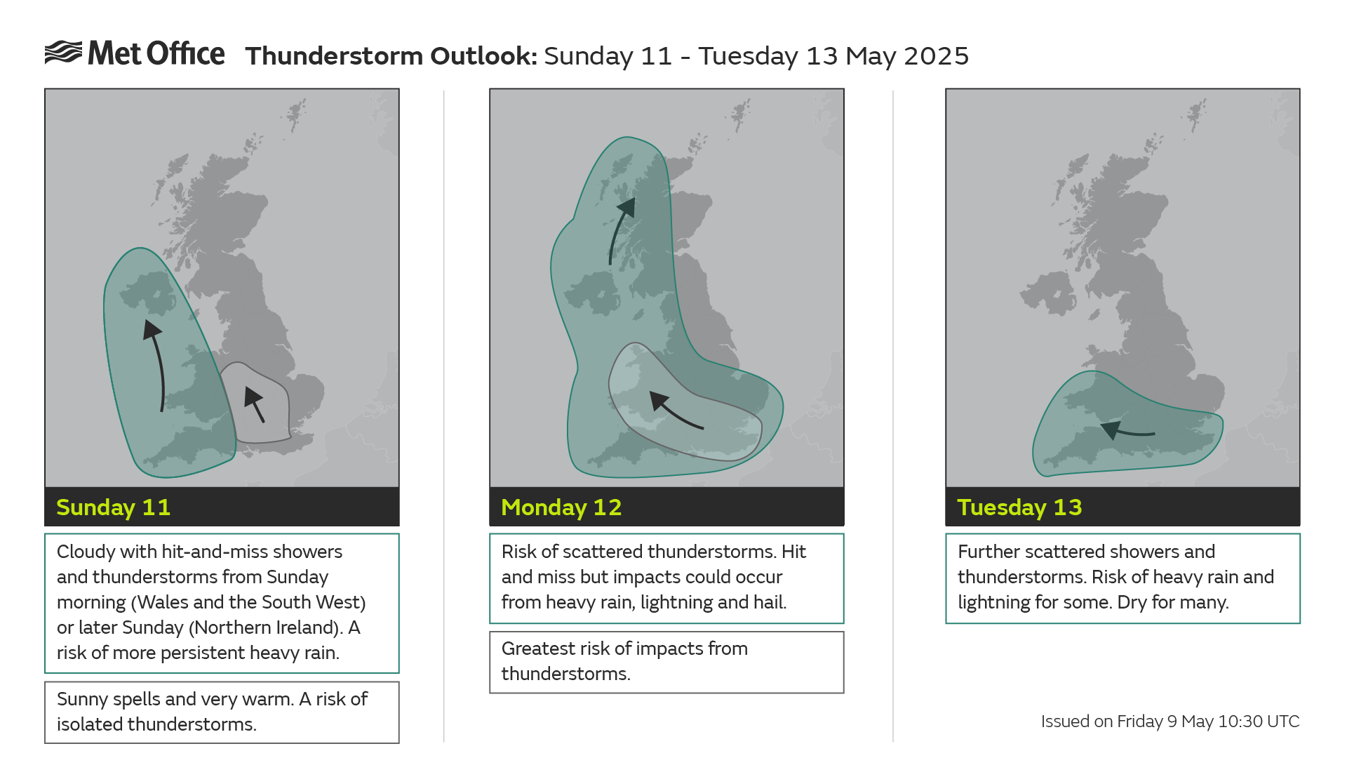 Weather map showing thunderstorm risk areas across the UK from Sunday 11 to Tuesday 13 May 2025, with heaviest impacts expected on Monday