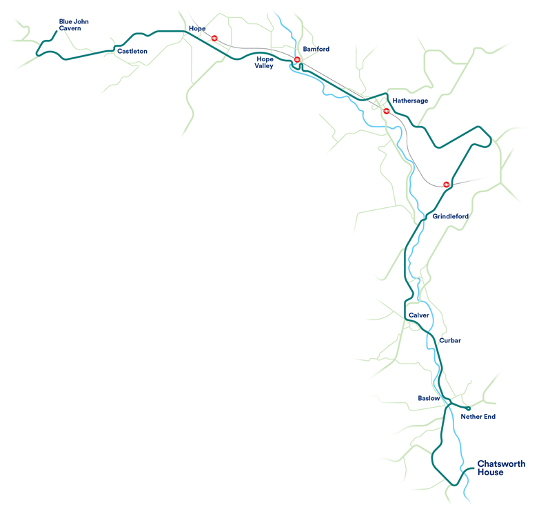 Map showing a new bus route through the Peak District, connecting key towns and attractions from Blue John Cavern to Chatsworth House