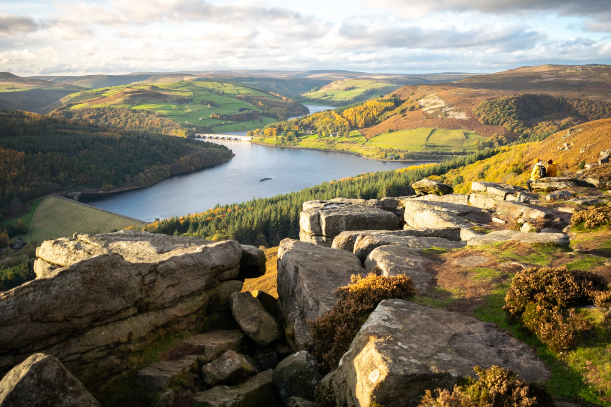 Scenic view of the Peak District with rocky cliffs, a reservoir, and green hills under partly cloudy skies