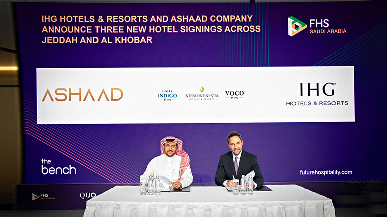IHG and Ashaad representatives signing hotel development agreement at Future Hospitality Summit