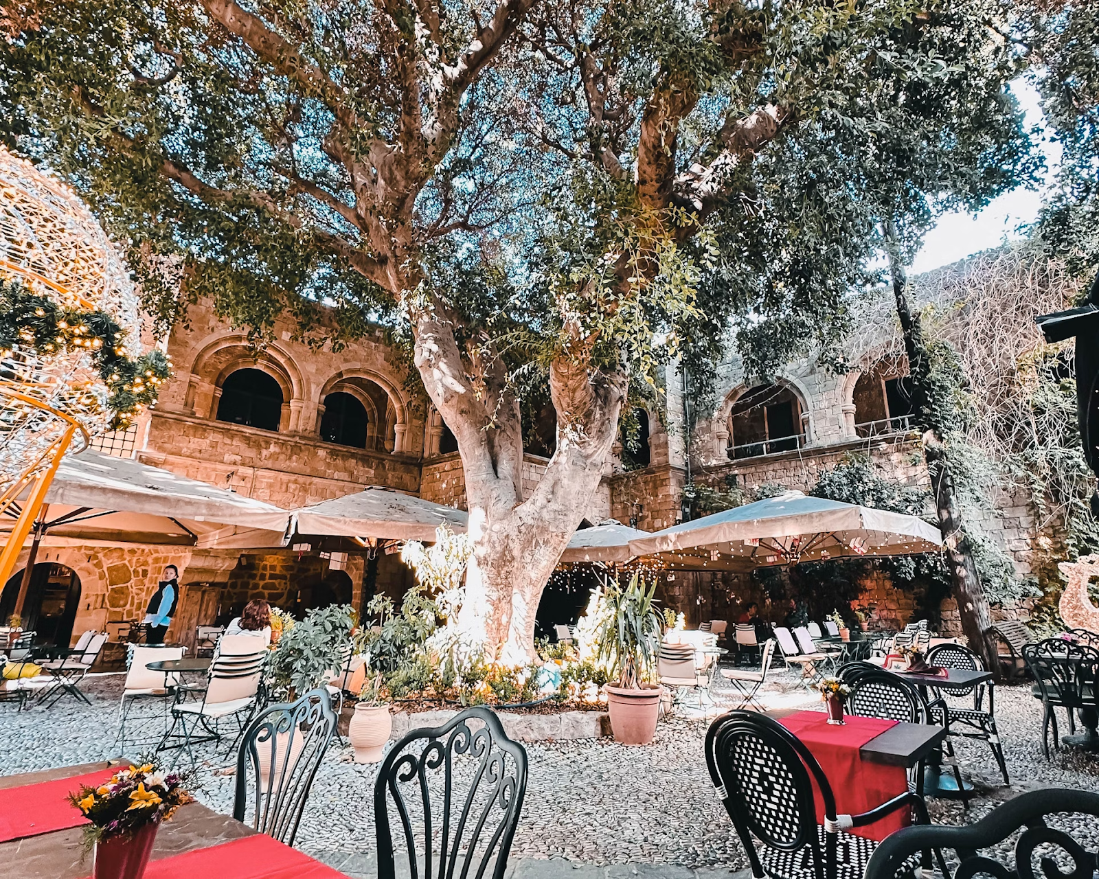 Courtyard café under trees in Rhodes’ medieval Old Town