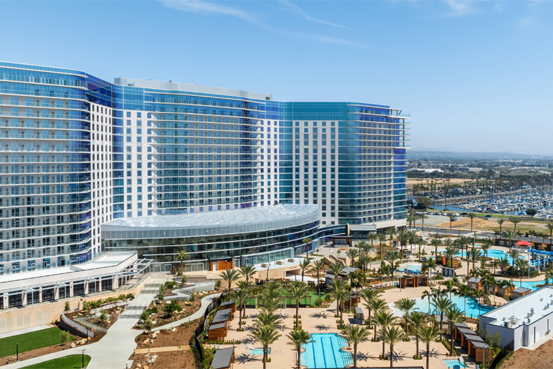 Aerial view of the Gaylord Pacific Resort and its pool area in Chula Vista, California