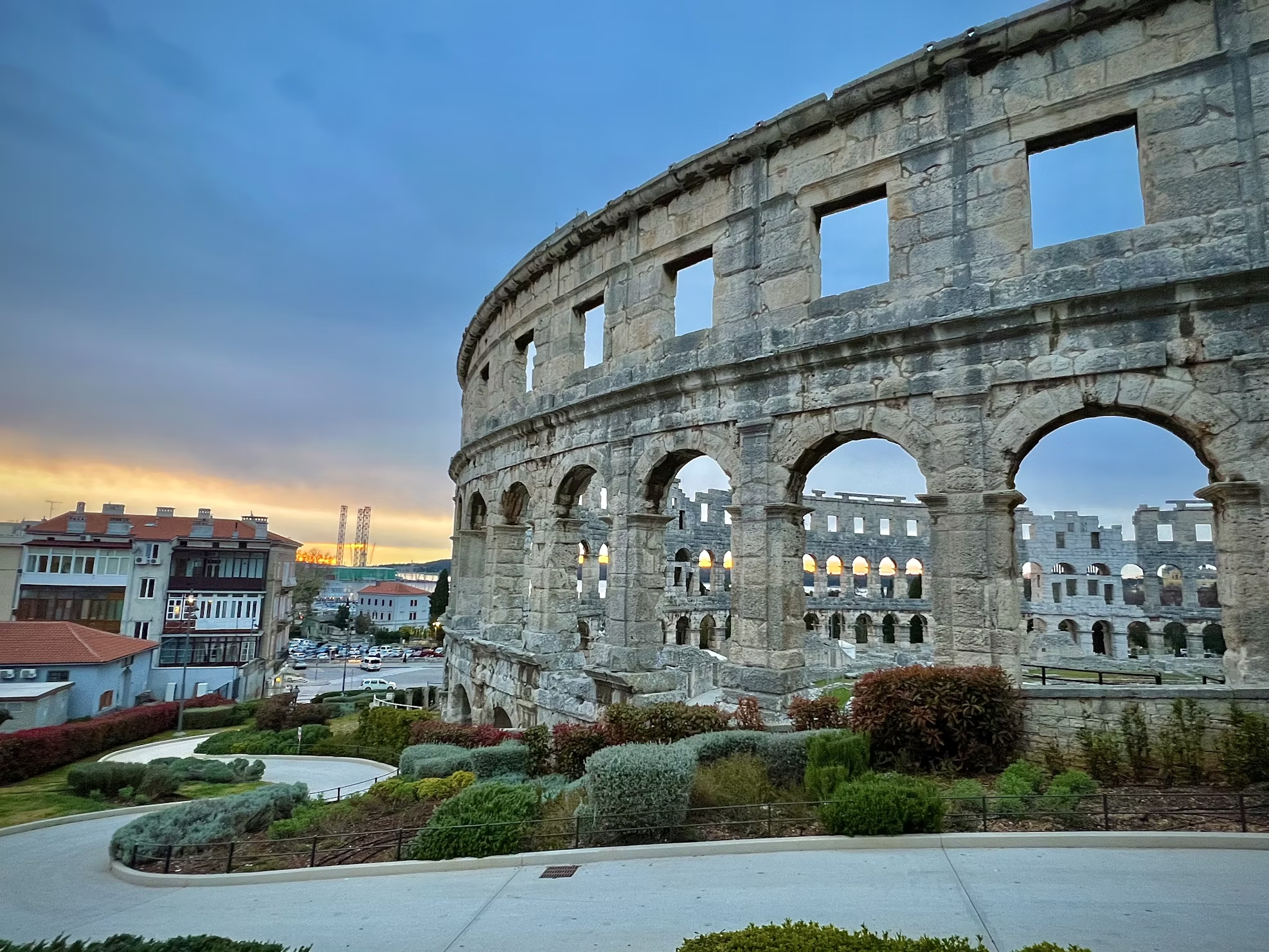Ancient Roman amphitheatre in Pula, Croatia at sunset