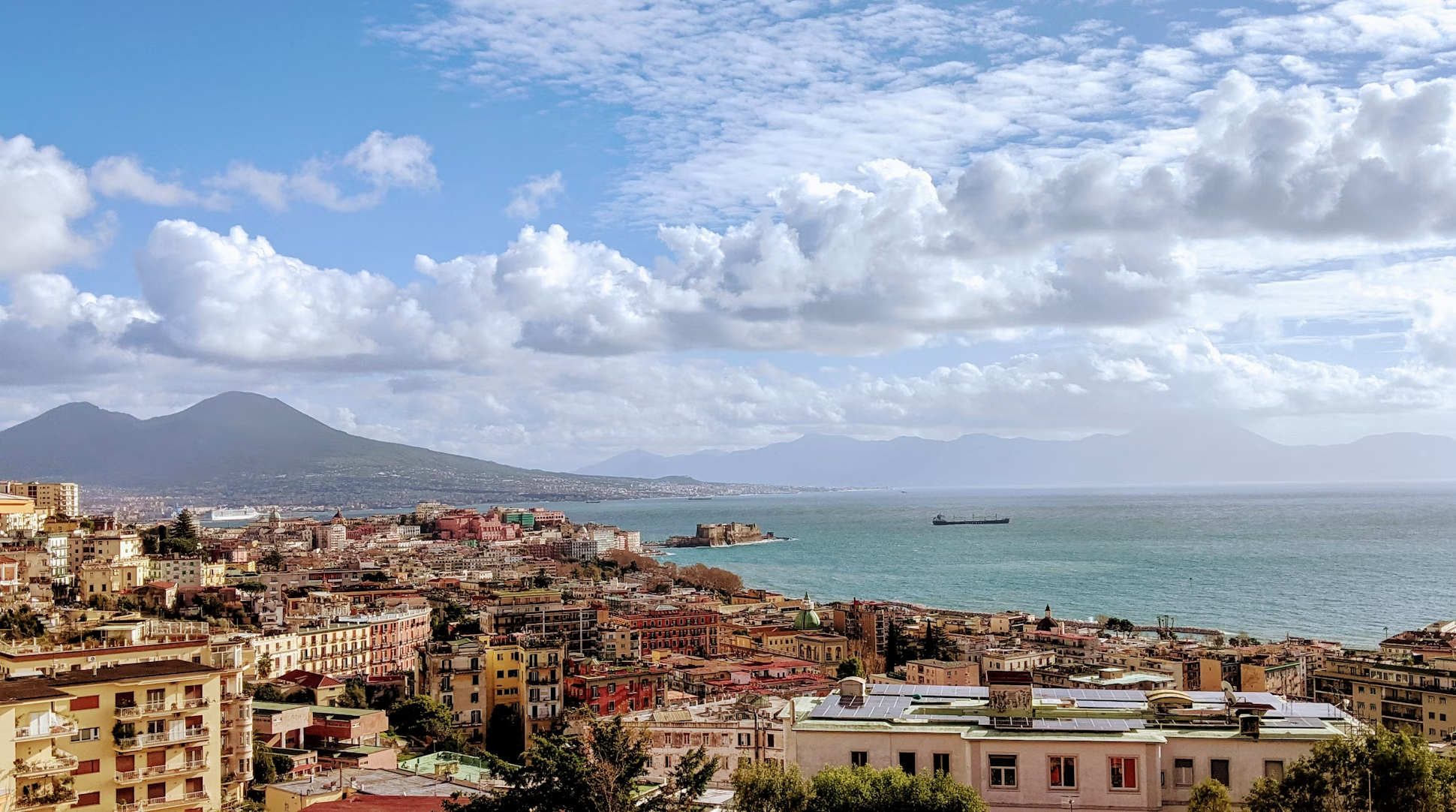 Coastal view of Naples with Mount Vesuvius and the sea