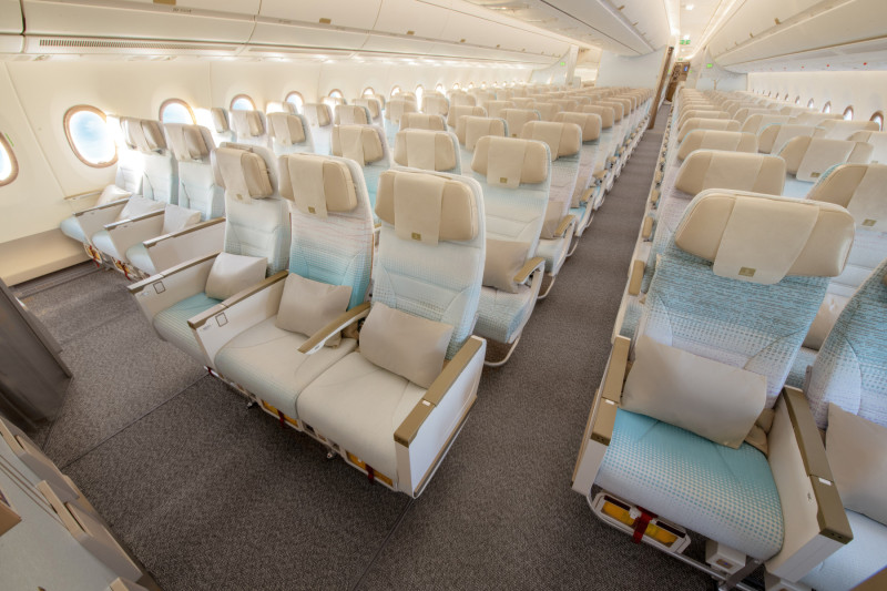 Economy class cabin of Emirates Airbus A350