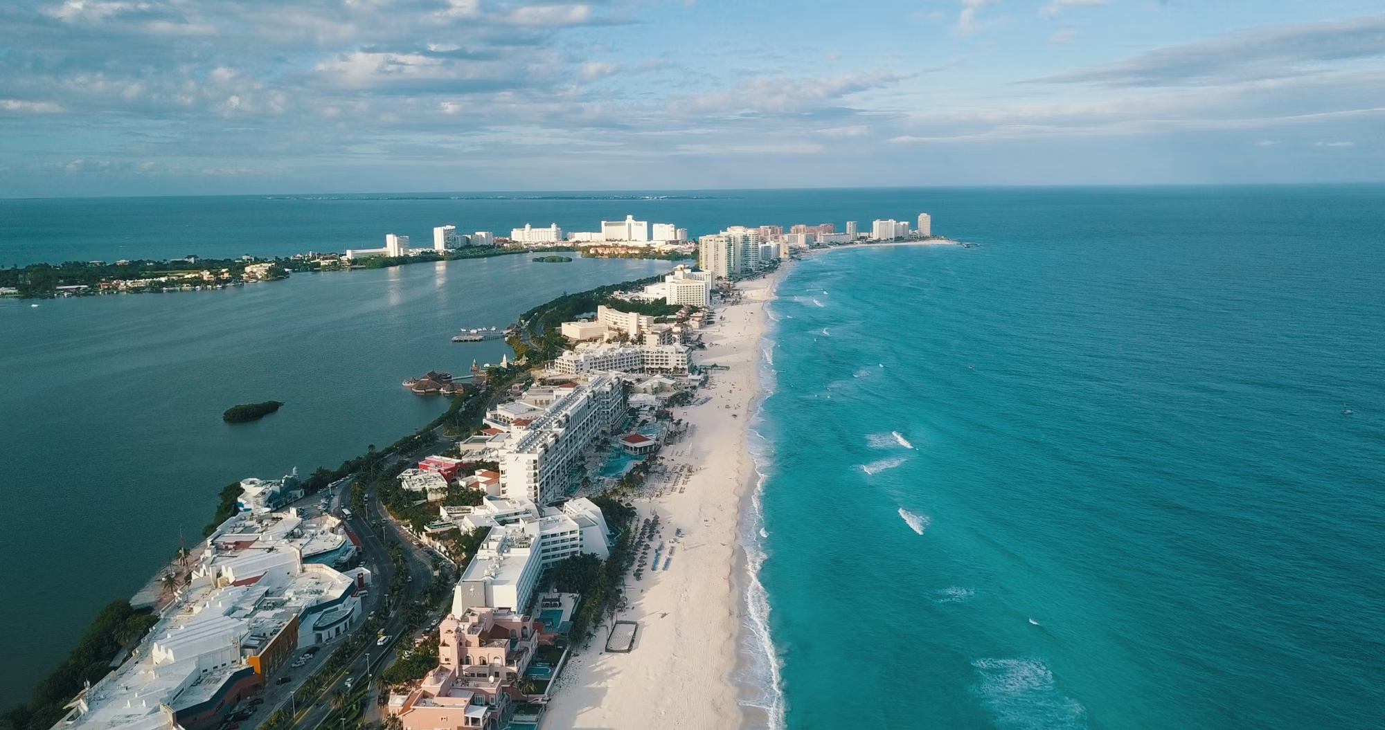 Aerial view of Cancún’s hotel zone and coastline