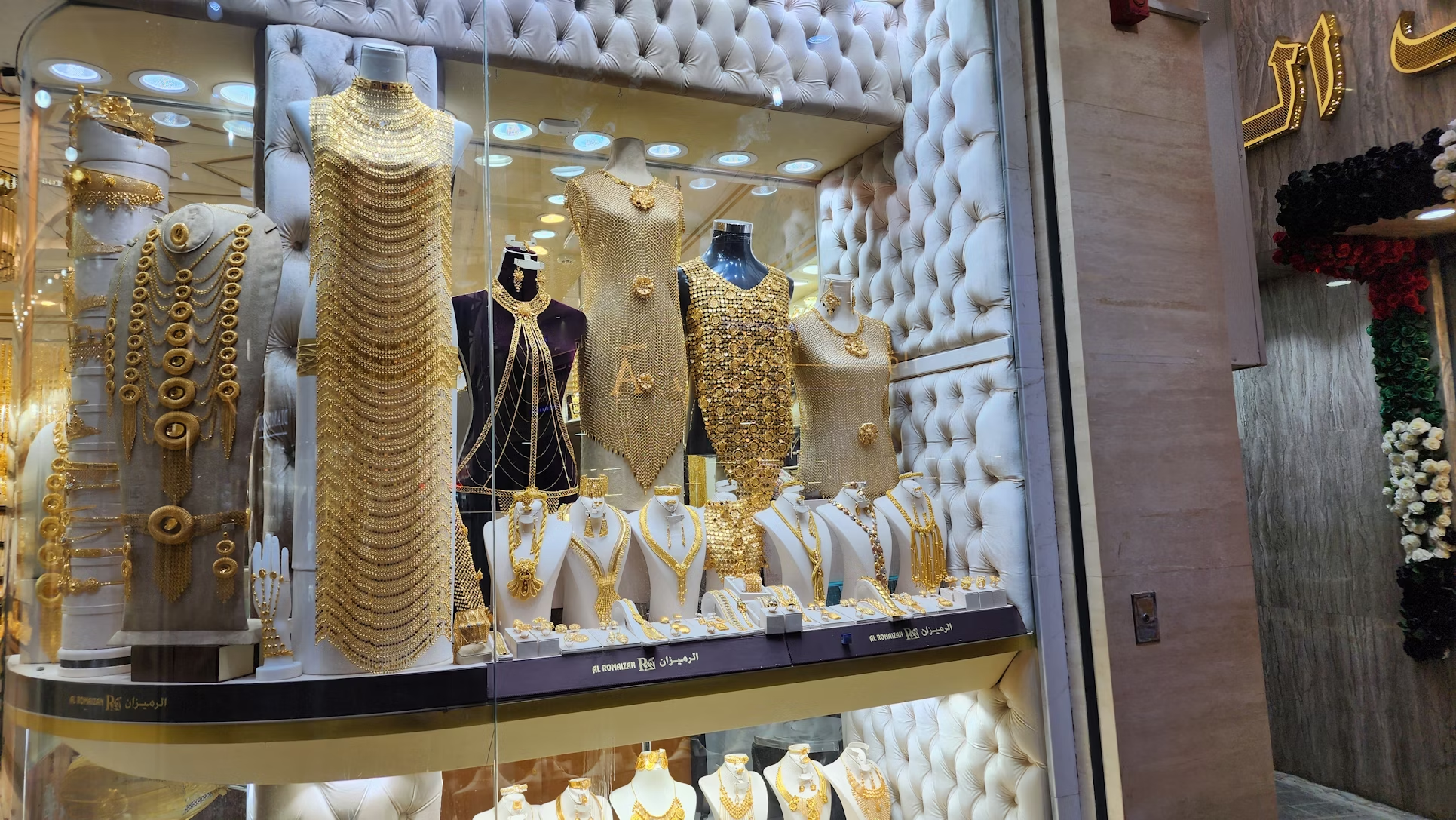 Gold jewellery displayed in a Dubai shop window