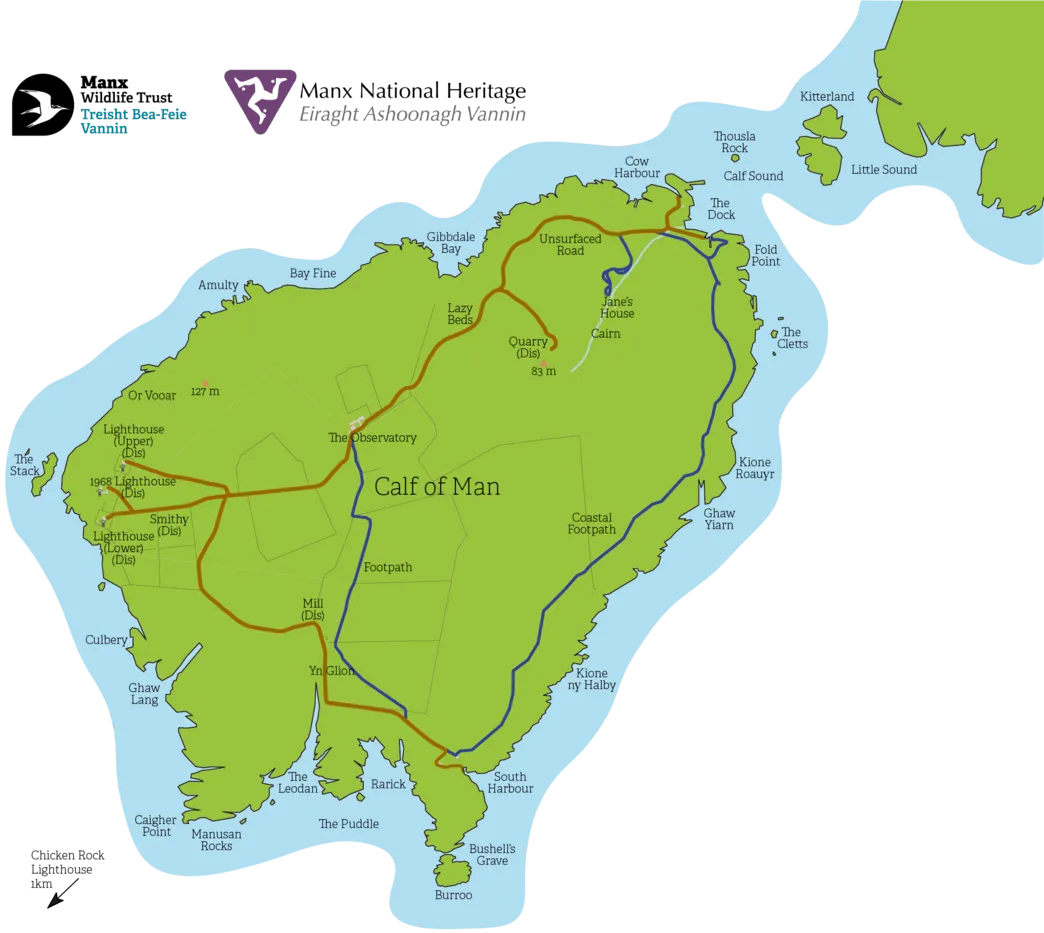 Detailed map of the Calf of Man showing footpaths, lighthouses, and natural landmarks