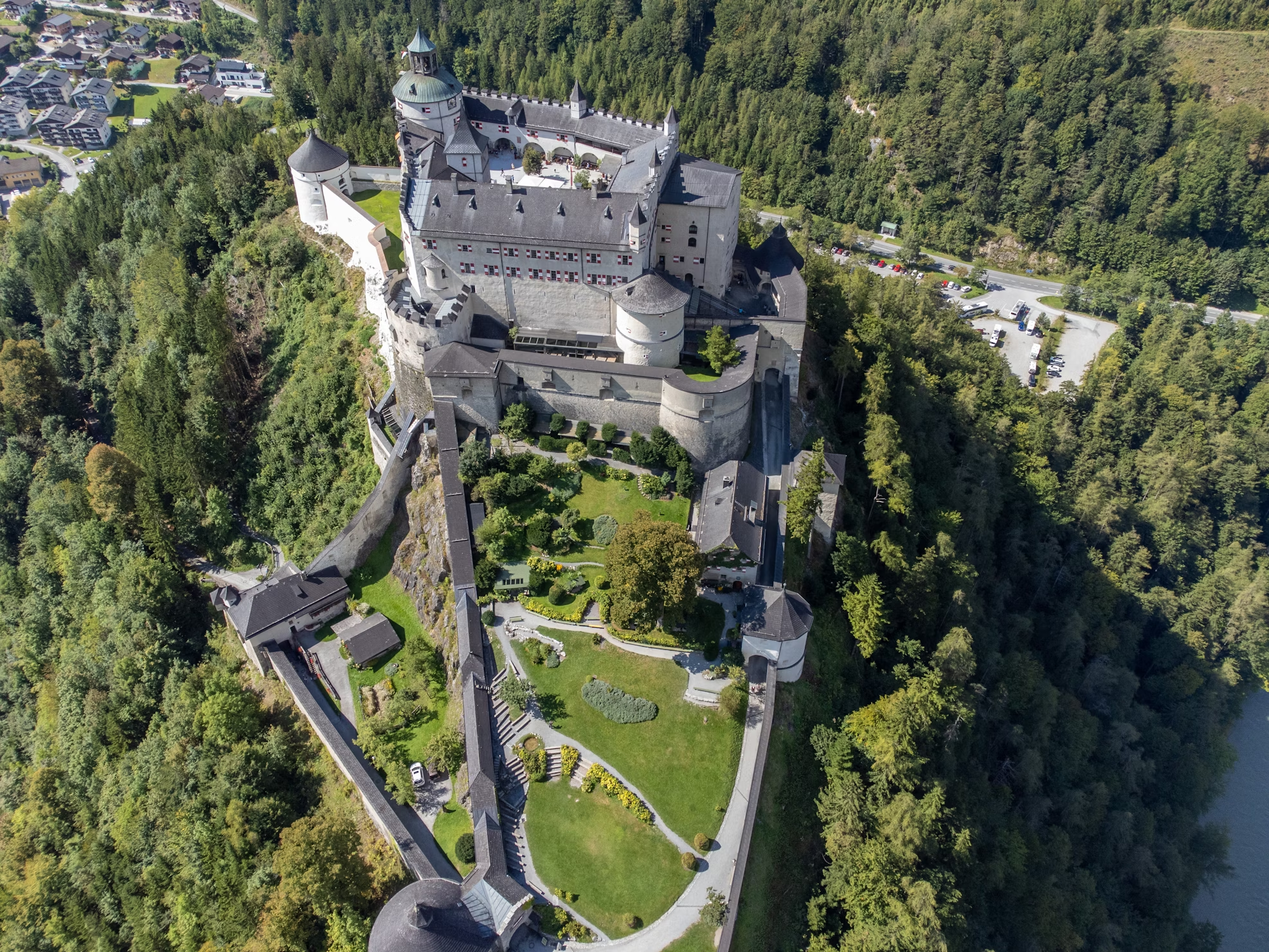 Aerial view of Hochosterwitz Castle surrounded by forest in southern Austria