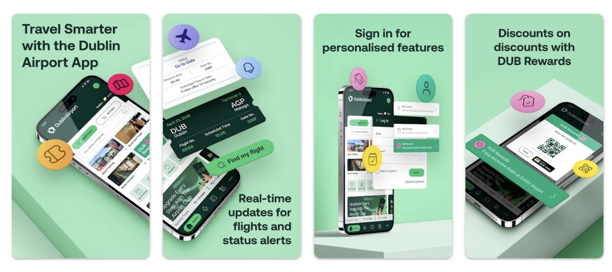 Screenshots of Dublin Airport mobile app features on smartphone displays