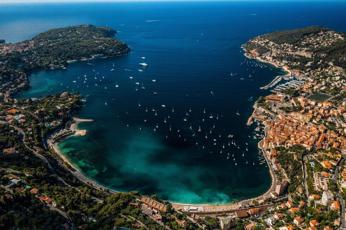 Aerial view of Villefranche-sur-Mer bay and coastline