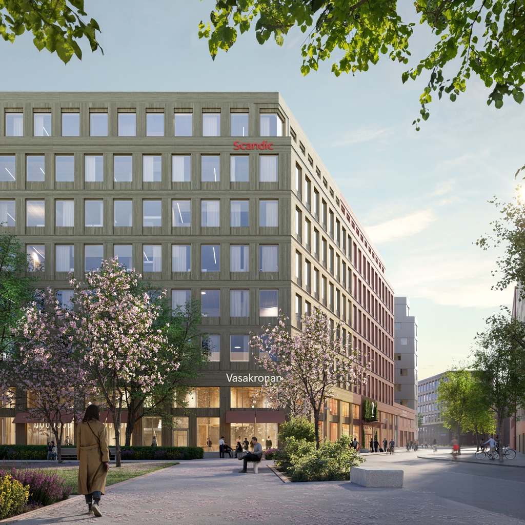 Modern hotel building under construction in central Uppsala