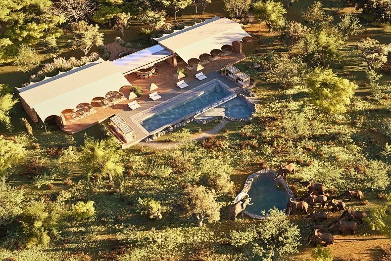 Aerial render of Mapito Safari Camp in Serengeti surrounded by trees and wildlife