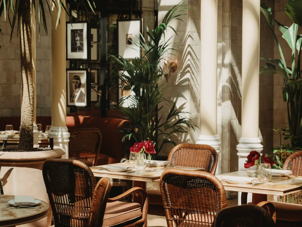 Restaurant interior with wicker chairs, palm trees, and framed portraits