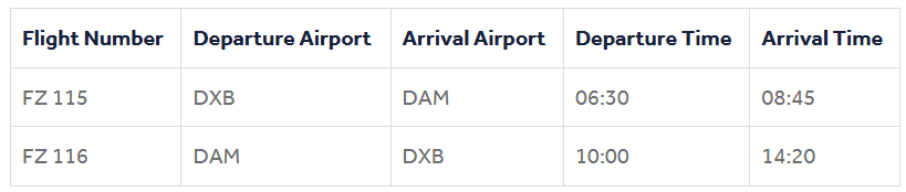 Flight schedule showing flydubai routes between Dubai and Damascus
