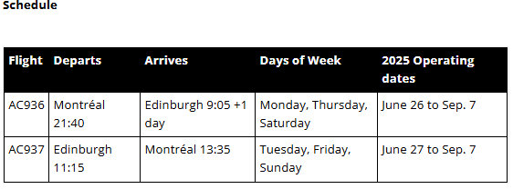 Flight schedule for seasonal Montréal–Edinburgh service in summer 2025