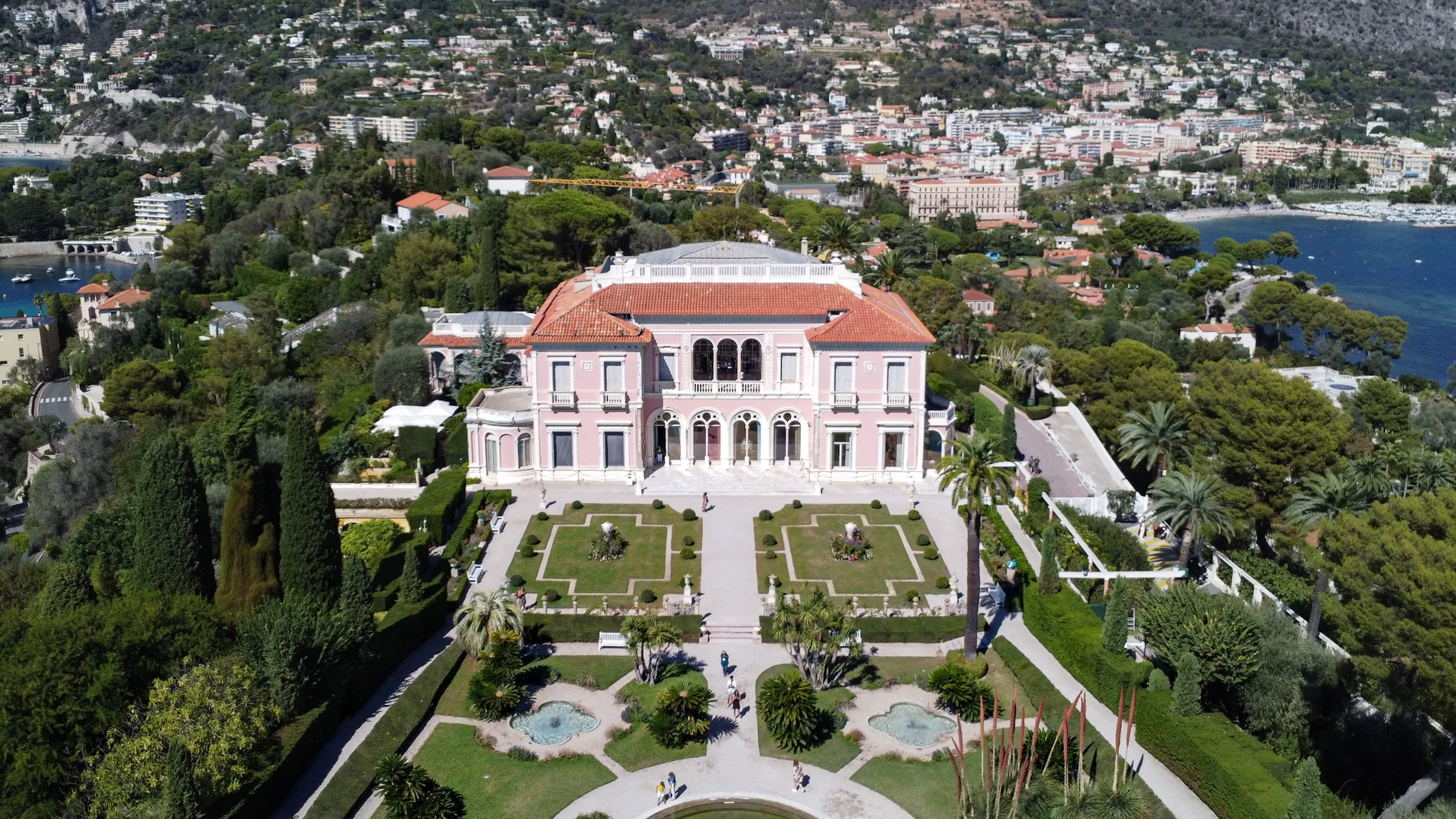 Aerial view of Villa Ephrussi de Rothschild surrounded by gardens and coastline