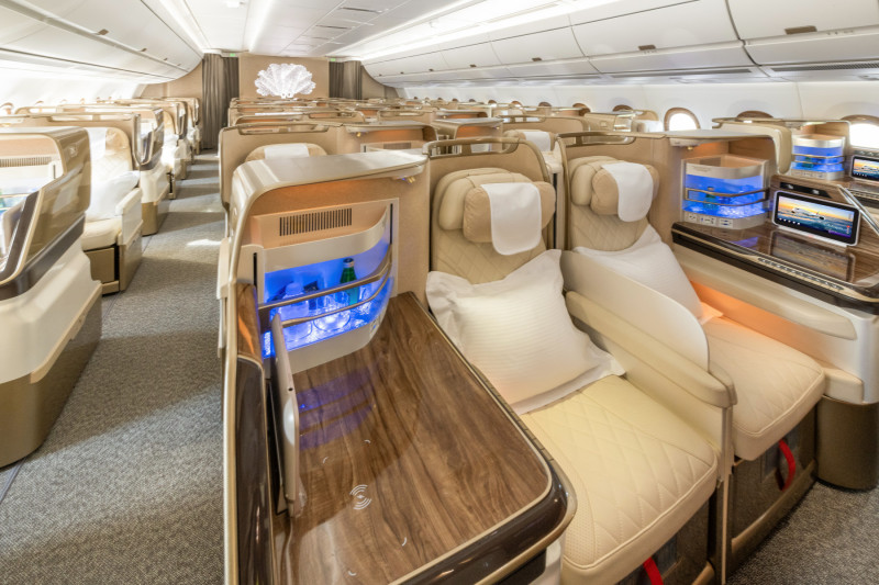 Business Class cabin on Emirates Airbus A350