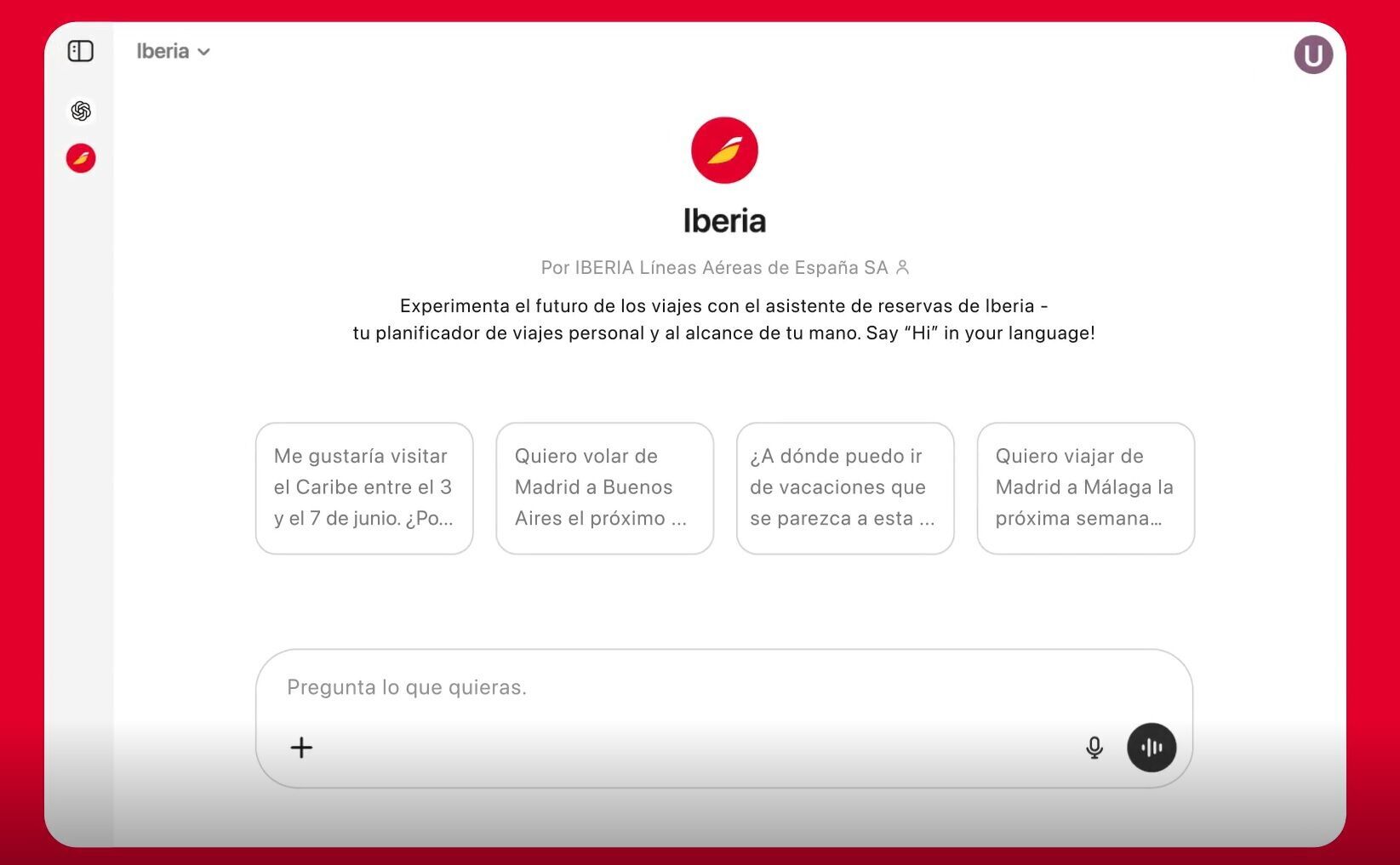 Screenshot of Iberia's AI-powered travel assistant interface on ChatGPT, offering options for personalized trip planning