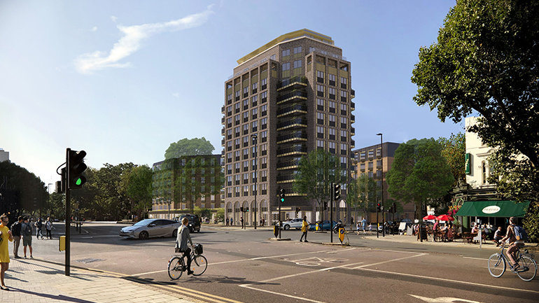 View of the future Hotel Indigo & Suites London – Waterloo near a busy intersection with pedestrians and cyclists