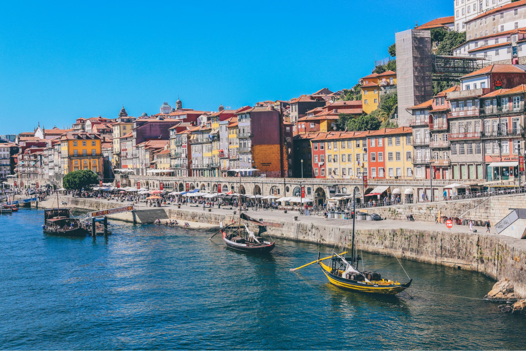 Colorful buildings and boats along Porto's Douro riverfront