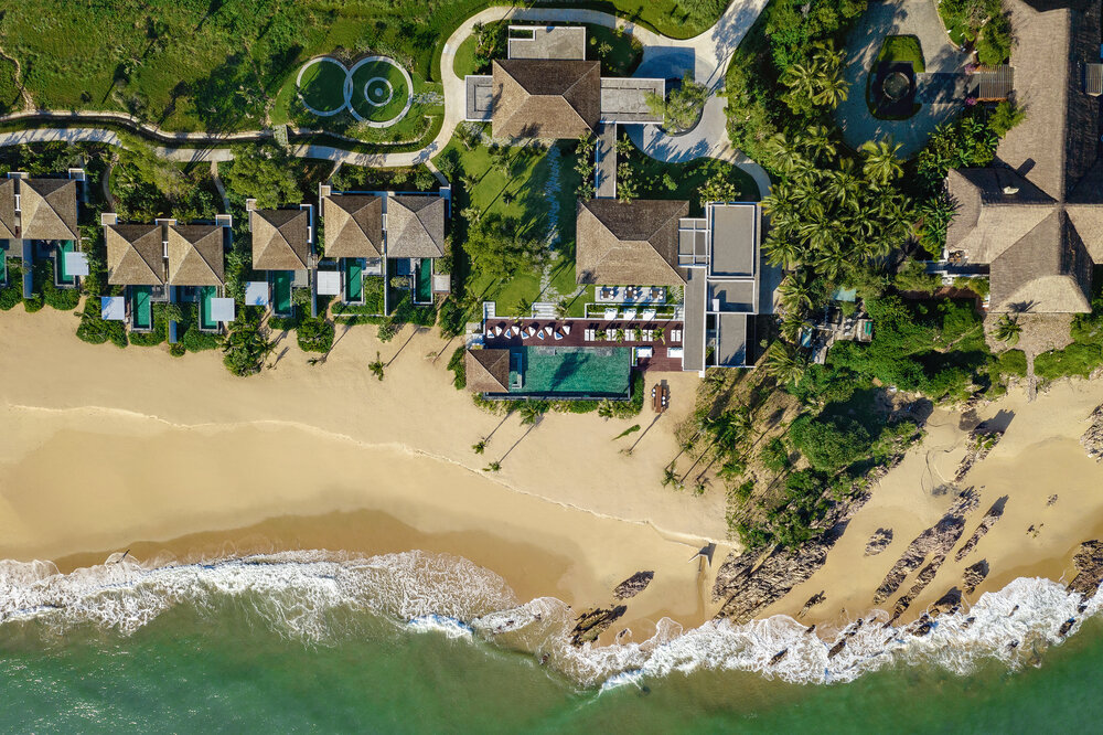 Aerial view of beachfront villas and pool area in Quy Nhon, Vietnam