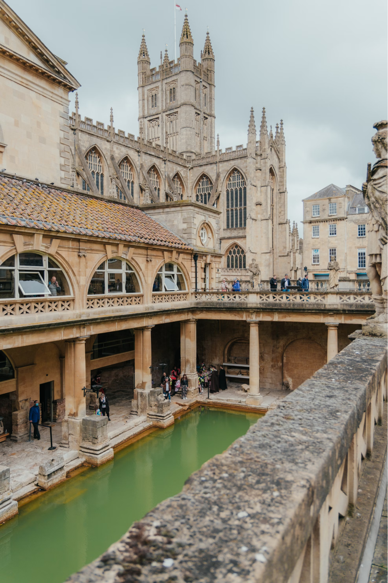 Historic Roman Baths and Bath Abbey in England