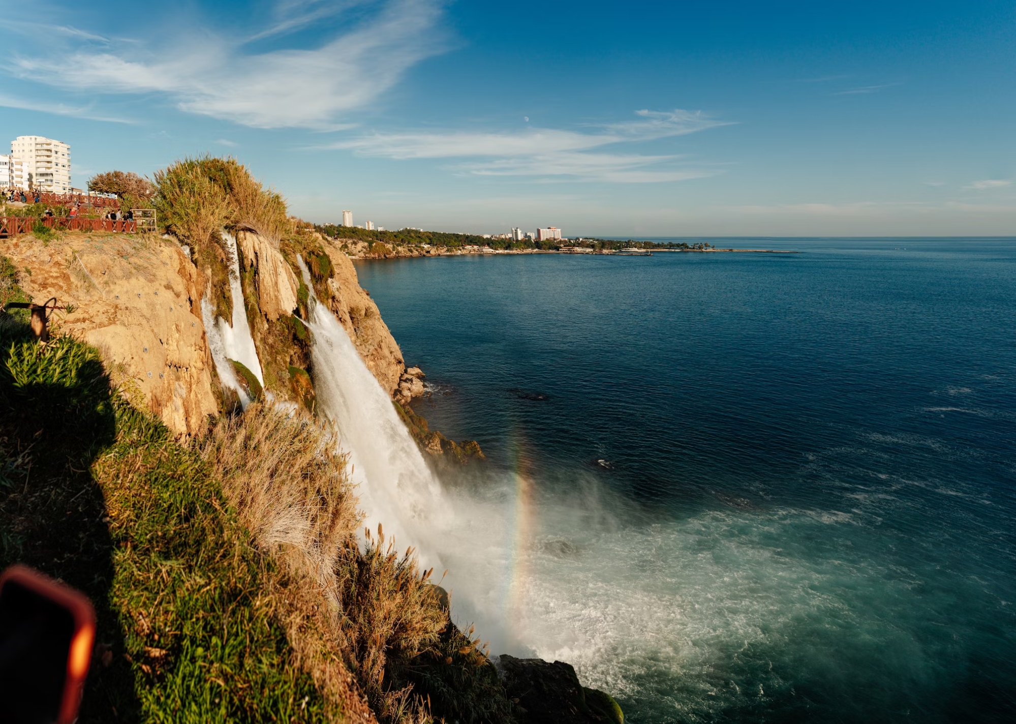 Düden Waterfalls cascading into the Mediterranean Sea in Antalya, Türkiye