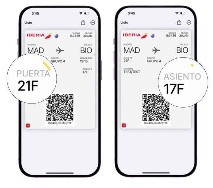 Two smartphones displaying Iberia digital boarding passes with updated gate and seat numbers