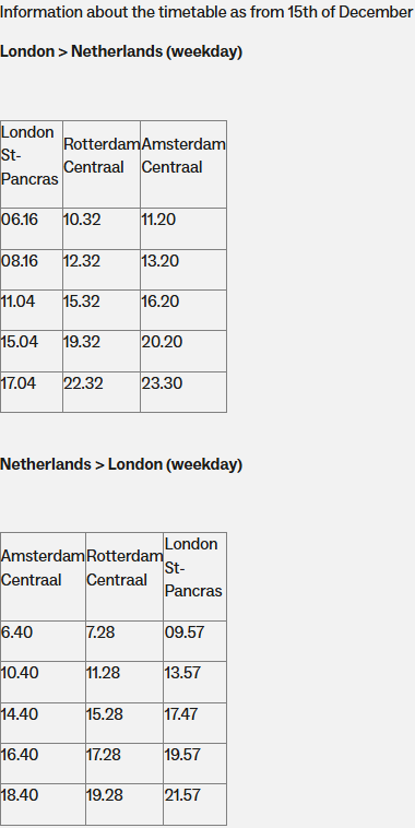 Weekday Eurostar timetable between London and Amsterdam starting 15 December 2025